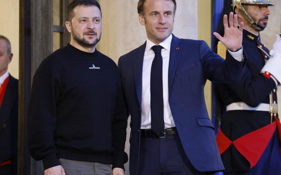 Ukraine’s President Volodymir Zelensky is welcomed by France’s President Emmanuel Macron